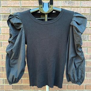 Lucy Paris Barra Mixed Knit Top Ribbed Puff Sleeve Sweater Blouse Black Medium